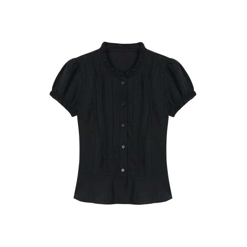 MULVAN 初绽铃兰 法式圆领蕾丝花边衬衫女气质泡泡袖小衫别致上衣