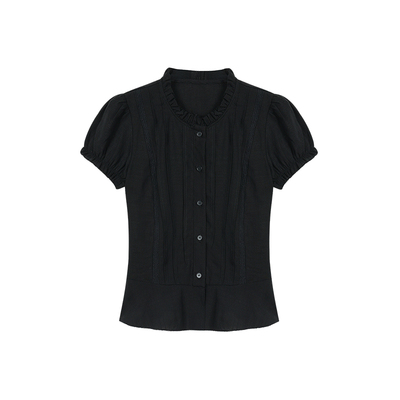 MULVAN圆领蕾丝花边泡泡袖衬衫