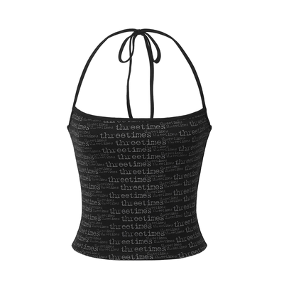 threetimes黑色字母印花吊带挂脖露肩上衣2026修身辣妹背心女内搭