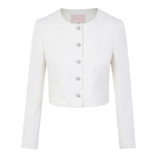 LIME莱茵年早春新款圆领粗花呢短截上衣象牙白色小香风外套