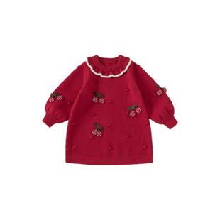 女童毛衣裙新年冬装宝宝连衣裙红色儿童衣服过年女孩裙子洋气童装