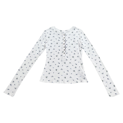 2026新款春夏季时髦亨利领碎花上衣长袖女V领T恤打底衫修身2637