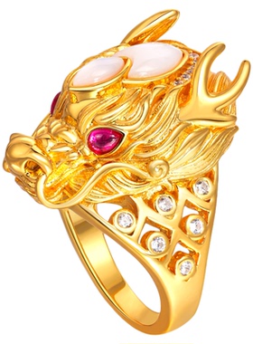 VISING珠宝培育红宝石【国检】黄金色金龙戒指霸气指环S925银