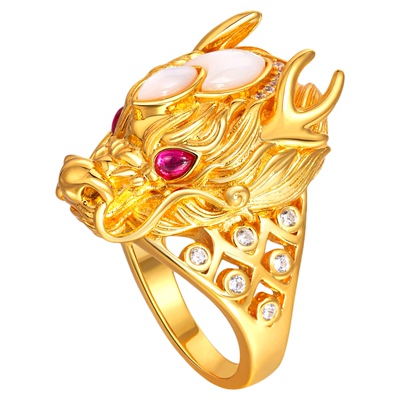 VISING珠宝培育红宝石【国检】黄金色金龙戒指霸气指环S925银