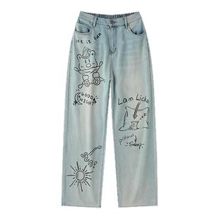 LAMLICKA晚安小熊高街美式牛仔裤阔腿宽松复古直筒裤中高腰慵懒风