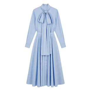 周也同款法式蝴蝶结蓝色条纹连衣裙女收腰显瘦气质长袖衬衫裙长裙