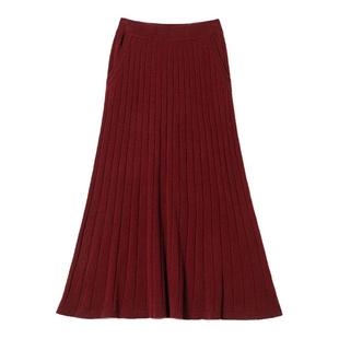 思诺芙德红色羊绒裙女秋冬新款松紧腰坑条A字气质伞裙针织半身裙