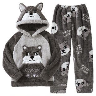 男士睡衣秋冬款冬季珊瑚绒加厚加绒法兰绒卡通家居服男款冬天套装