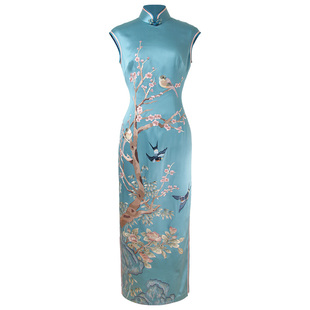 品尚华服量身定制款修身高贵大气天青蓝真丝喜鹊登梅复古长款旗袍