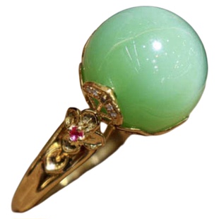 618特惠天然和田玉戒指女猫眼碧玉圆珠镶嵌18k黄金指环送老婆礼物