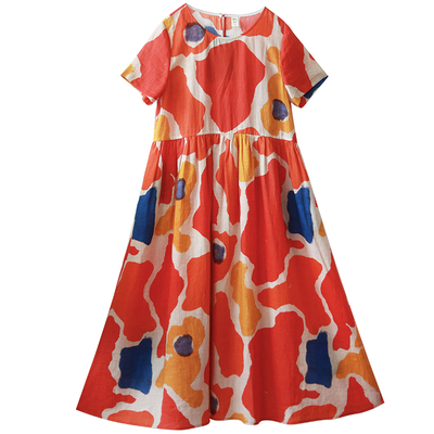 印花连衣裙女夏2025圆领长裙宽松