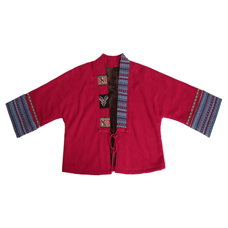 秋冬加绒加厚棉麻系带短款棉服