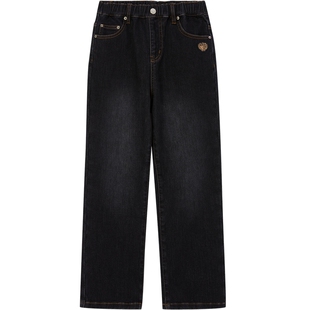 eland kids衣恋童装男童女童裤子学院风刺绣保暖牛仔裤休闲直筒裤