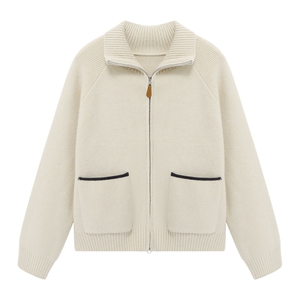 Basic House/百家好慵懒风翻领拉链毛衣秋季女流行插肩袖开衫外套