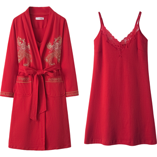 吊带睡裙女夏季纯棉无袖性感时尚红色纯色结婚睡衣裙子睡袍两件套