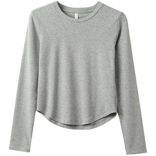 优可丝木纤维 女士纯色长袖打底衫 圆领短款弧形T恤衫 春秋款女装