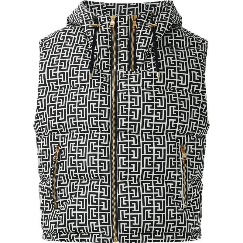 BALMAIN 女秋冬印花绗缝连帽鸭绒羽绒服外套背心