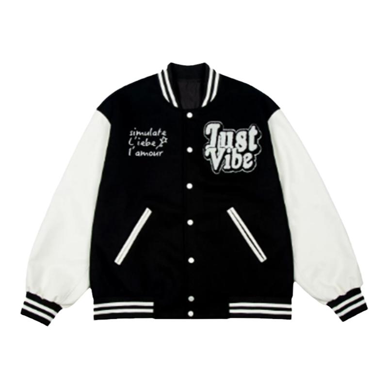 JUST VIBE 黑色骨头字体刺绣秋冬棒球服夹克男女同款vibe风外套