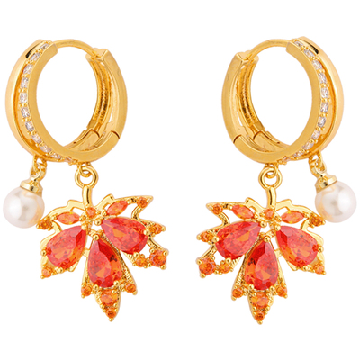 新年红色枫叶耳坠耳环女小众珍珠吊坠设计轻奢k金色锆石国风耳饰