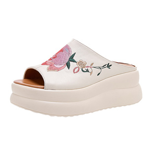 5cm厚底防水台皮拖高跟轻便一字拖 真皮凉拖绣花拖鞋外穿增高皮托