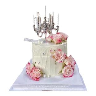 复古欧式银色烛台蛋糕装饰摆件网红仙女蝴蝶生日蜡烛玫瑰花插件