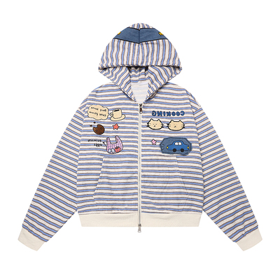 童趣刺绣条纹彩纱连帽卫衣女外套