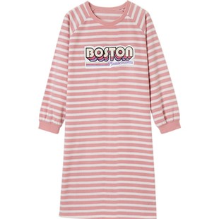 顶瓜瓜秋冬新品女士条纹摇粒绒长袖睡裙顶呱呱珊瑚绒可爱长裙睡衣