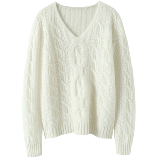 满是气质舒服品味~V领绞花羊绒衫女宽松慵懒风纯羊绒毛衣秋冬新款