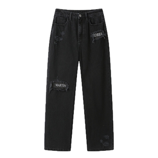 ANDREA MARTIN秋冬新款黑色破洞logo牛仔裤宽松休闲裤