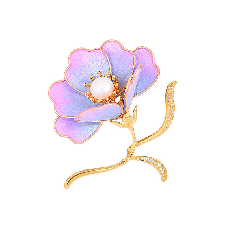 轻奢渐变彩玉兰花胸针 金色描边淡水珍珠花蕊 粉紫晕染花瓣别针女