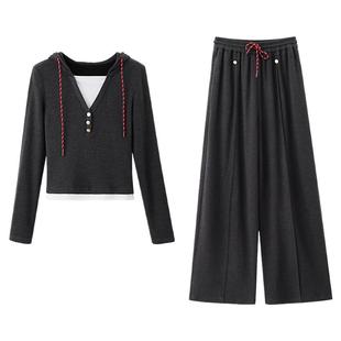 夕蒙2025新款秋韩系气质小个子假两件小众独特深灰色上衣裤子套装