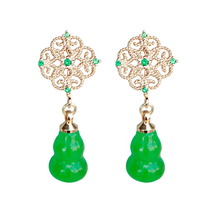 东方翡翠绿窗花葫芦无耳洞美好福禄耳钉无痛感蚊香盘耳夹手工耳饰