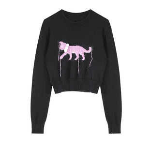 大于诗集 玛丽猫 立体毛球项链小猫提花马海毛短款破洞毛衣针织衫