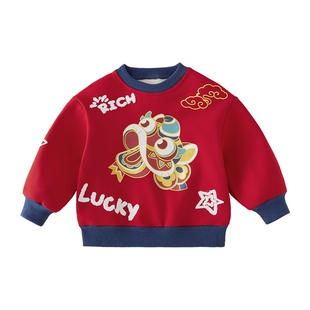 亲子装一家三口女童秋冬国风保暖上衣男童新款宝宝加绒新年红卫衣