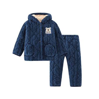 睡衣保暖加绒加厚三层夹棉珊瑚绒可外穿冬款男童法兰绒家居服套装