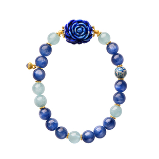 觉人原创天然蓝晶冰种海蓝宝老矿青金石牡丹大漆珠手串[青花墨染]