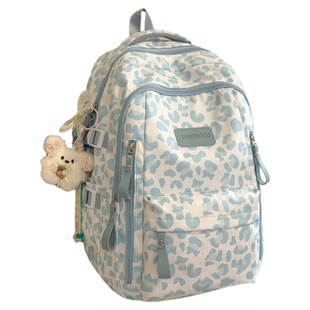 袋鼠双肩包 高中生书包女大容量结实耐用ins风初中生蓝色豹纹背包