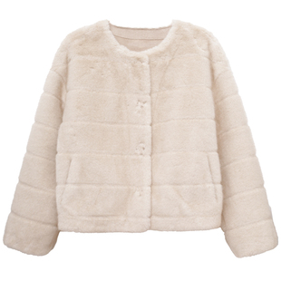 ohmyloli 千金复古感渐变毛尖圆领隐形按扣复合麂皮绒环保皮草