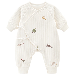 乖奇熊新生宝宝夹丝绑带连体哈衣秋冬季婴幼儿纯棉保暖居家和尚服