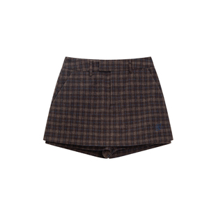 YUSSI气质西装假两件羊毛格纹毛呢半身裙秋冬刺绣高腰a字保暖裤裙