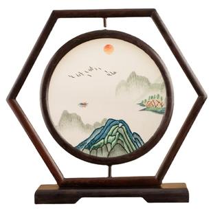 苏绣桌面屏风创意刺绣摆件中国风中式家居红木台屏手工双面绣摆台