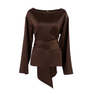 Fashion Shirt欧美女士衬衣圆领长袖修身围裹上衣时尚收腰绑带