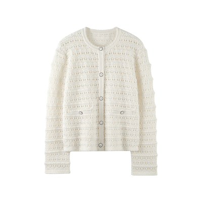 重工镂空钩花100%纯山羊绒开衫女小香风短款加厚针织外套显瘦上衣