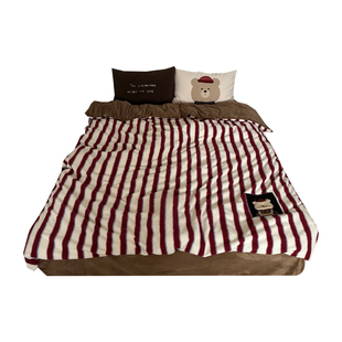 抱紧小熊|ins美式复古红白条纹加厚仿羊绒四件套1.8米牛奶绒冬天