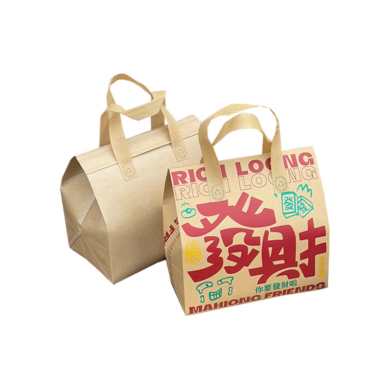 发财好运牛皮纸色外卖手提无纺布铝箔打包保温袋礼品袋咖啡奶茶