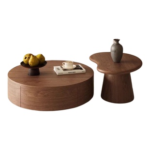 2025新款中古风茶几客厅家用胡桃木实木纹轻奢高级圆形茶几小户型