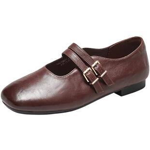 意尔康女鞋春秋季复古羊皮单鞋方头法式玛丽珍鞋低跟皮鞋配裙子