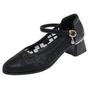 玛丽珍女鞋夏季新款粗跟真皮网纱镂空妈妈单鞋网鞋中跟软底女凉鞋