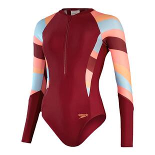 Speedo新款长袖防晒泳衣女连体三角修身显瘦速干抗氯气质温泉泳衣