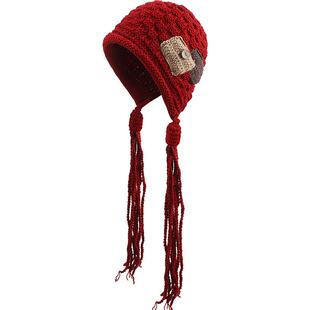 2025新款贴布流苏红色毛线帽子女秋冬保暖手工包头帽针织护耳帽潮